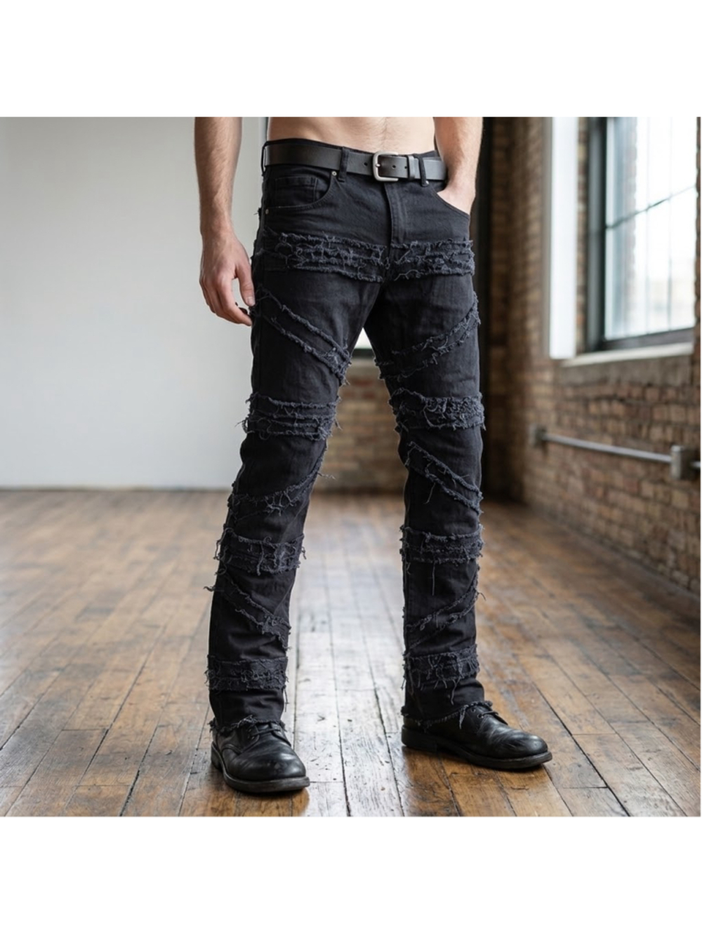FWRD DENIM Mens Stacked Crossover Raw Edge Comfortable Denim Jeans Black 34 x 36